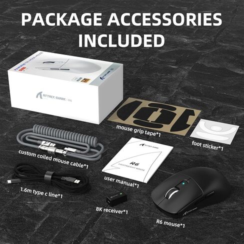 ماوس ألعاب لاسلكي ATTACK SHARK R6 39g Superlight، PixArt PAW3950MAX 42000 DPI، ماوس كمبيوتر MCU Nodic 52840، برنامج تشغيل الويب بمعدل 8K، BT/2.4 جيجا هرتز/ماوس سلكي ثلاثي الوضع مع كابل ملفوف - أسود وشريط in Kuwait