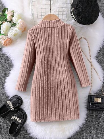Girls Sweater Dresses Kids Long Sleeve Ribbed Knit Pullover Solid High Collar Spring Fall Dress in Saudi Arabia