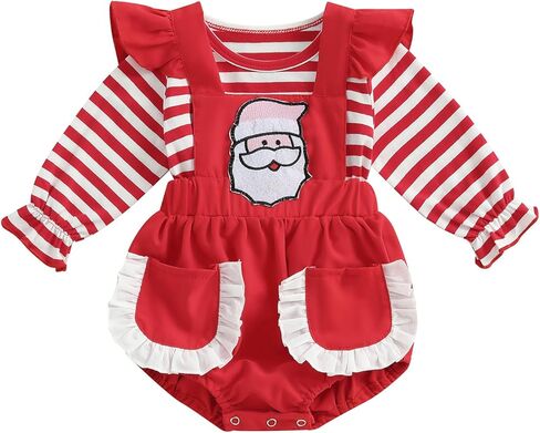 Madjtlqy Toddler Baby Girl Christmas Outfit Striped Long Sleeve Tops and Santa Suspender Skirt Set in Kuwait
