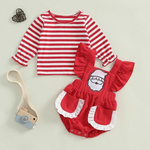 Madjtlqy Toddler Baby Girl Christmas Outfit Striped Long Sleeve Tops and Santa Suspender Skirt Set in Kuwait