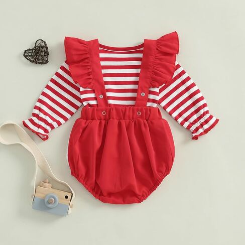 Madjtlqy Toddler Baby Girl Christmas Outfit Striped Long Sleeve Tops and Santa Suspender Skirt Set in Kuwait