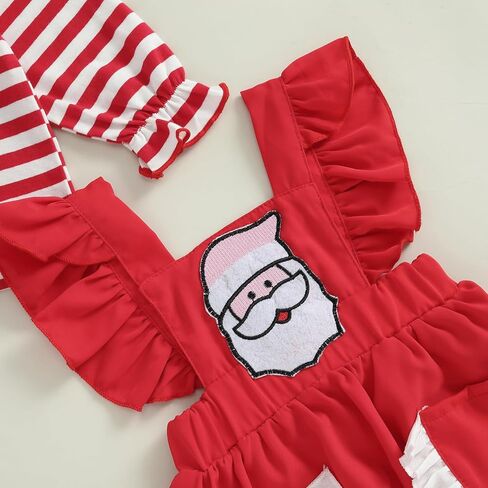 Madjtlqy Toddler Baby Girl Christmas Outfit Striped Long Sleeve Tops and Santa Suspender Skirt Set in Kuwait