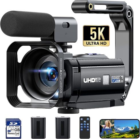 5K Dual Lens Video Camera, 56MP WiFi 16X Digital Zoom 3" 270° Rotatable Touch Screen Camcorder YouTube Vlogging Video Camera Recorder with 64GB SD Card, Microphone, Remote Control,Tripod in Saudi Arabia