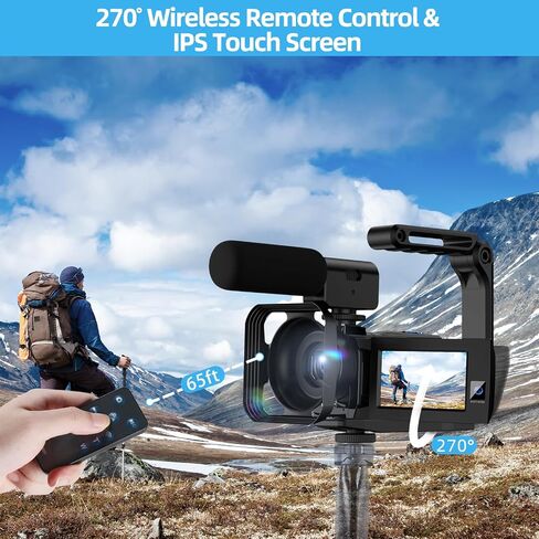 5K Dual Lens Video Camera, 56MP WiFi 16X Digital Zoom 3" 270° Rotatable Touch Screen Camcorder YouTube Vlogging Video Camera Recorder with 64GB SD Card, Microphone, Remote Control,Tripod in Saudi Arabia