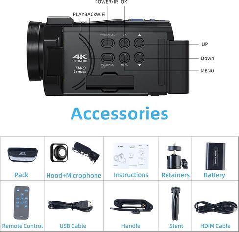 5K Dual Lens Video Camera, 56MP WiFi 16X Digital Zoom 3" 270° Rotatable Touch Screen Camcorder YouTube Vlogging Video Camera Recorder with 64GB SD Card, Microphone, Remote Control,Tripod in Saudi Arabia