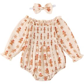 Infant Baby Girl Christmas Outfit Cotton Linen Smocked Bodysuit Long Sleeve Romper with Headband