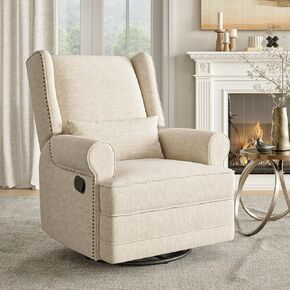 Swivel Nursery Glider Recliner, Comfy Upholstered Glider Chair with Lumbar Pillow and Footrest, Swivel Rocking Chair for Living Room, Grey