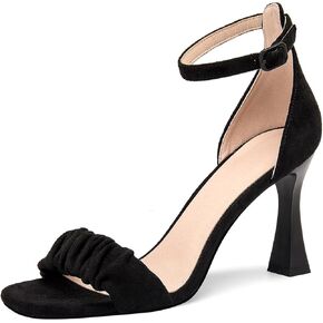 GOSERCE Black Heeled Sandals for Women Dressy Stiletto Open Square Toe Nude Ankle Strap Sandals Ladies High Heels Dress Wedding Bridal Shoes
