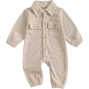Karuedoo Newborn Baby Boy Girl Clothes Corduroy Long Sleeve Button Up Romper Jumpsuit Collared Bodysuit Fall Winter Outfit