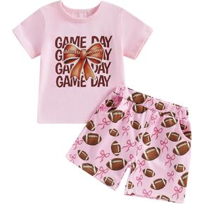Karuedoo Infant Toddler Baby Girl Football Outfit Football Bow Short Sleeve T-Shirt Top Shorts Set 2Pcs Football Clothes