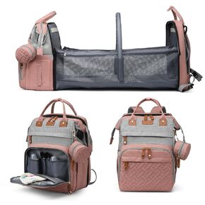 Jeryswet Diaper Bag with Changing Station, Baby Bag, Diaper Bag Backpack, Baby Bag with Built-in USB Charging Port and Stroller Straps Large Capacity Waterproof, Pink-Grey