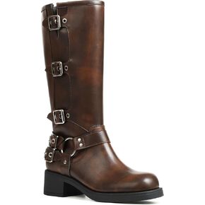 AMINUGAL Knee High Boots Women Square Toe Pull On Boots Wide Calf Riding Boots Fashion Buckles Chunky Boots Metallic Casual Vintage Buckle Rivet Boots