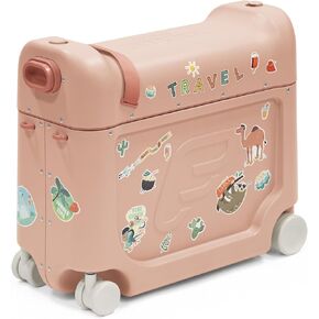 Stokke JetKids BedBox, Coral Pink - Ride-On Suitcase for Kids 2-7 Years Old (up to 77 lbs) - Transforms Into Bed - Includes Mattress, Decorative Stickers & Adjustable Carrying Strap