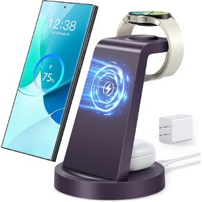 Wireless Charger for Samsung: 3 in 1 Wireless Charging Station for Samsung Galaxy Watch 7 6 5 4 3 Pro Classic Galaxy Buds - Charger Dock Stand for S24 S23 S22 S21 Ultra Note 20 10 Z Fold - Purple