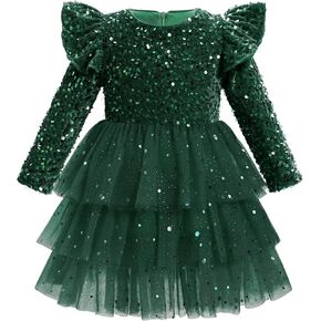 Fall Winter Kids Girls Velvet Dress Long Sleeve Sparkle Glitter Tulle Tiered Dress Birthday Cake Dress