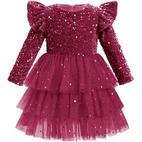 IMEKIS Toddler Girls Sequin Christmas Dress Sparkle Ruffle Tutu Long Sleeve Formal Birthday Xmas Holiday Outfit in Saudi Arabia