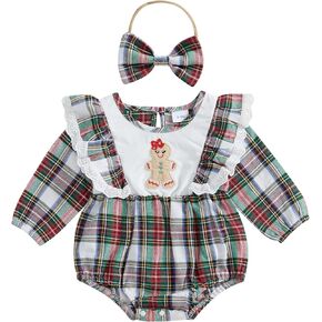 Newborn Baby Girl Christmas Outfit Lace Trim Plaid Romper Long Sleeve Bodysuit Headband Winter Clothes