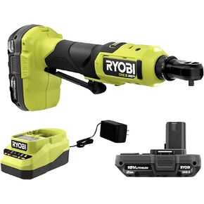 Ryobi One+ HP 18V 1/4" Brushless Cordless Compact Electric Ratchet Kit with 2.0Ah Lithium Battery and Charger, 4-Position Rotating Head, and Up to 460 RPM