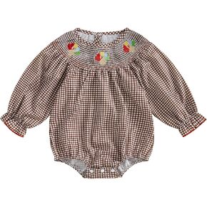 GOOCHEER Toddler Baby Girl Thanksgiving Outfit Turkey Embroidered Plaid Smocked Bubble Roper Bodysuit Fall Winter Clothes