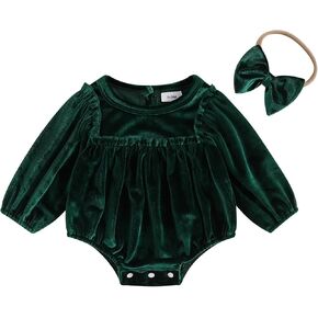 Baby Girl Christmas Velvet Romper Long Sleeve Smocked Jumpsuit with Headband Infant Fall Winter Photoshoot Outfits