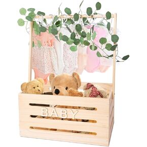Wooden Baby Shower Crate Closet, Baby Basket with Hangers, Letters, Leaf Eucalyptus Rattan, and String Lights, Storage Crate Hamper, Baby Personailzed Basket for Pregnancy New Parent