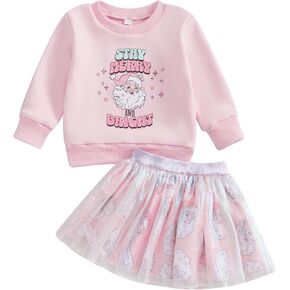 Toddler Baby Girl Christmas Outfits Stay Merry and Bright Print Sweatshirt Tops+ Tutu Santa Skirts Dress Fall Clothes