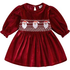 Baby Girl Christmas Dress Santa Smocked Velvet Dress Pleated A Line Puff Dress Toddler Winter Xmas Photo Shoot 6M-4Y