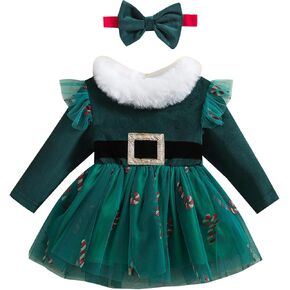 BeQeuewll Baby Girl Christmas Outfit Red Green Dress Long Sleeve Velvet Party Tulle Dress Toddler Christmas Clothes Winter