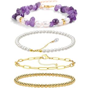 Myofeng 4 Pcs Turquoise Bracelets Bohemian wind 14K Gold Beaded Bracelets Stackable Adjustable Paperclip Link Stretch Bracelets Charm Jewelry Present for Women (Boho)