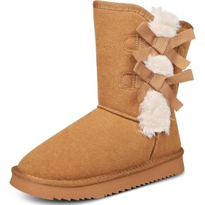 Women's Mid-Calf Winter Snow Boots Genuine Suede Winter Boots with Bow Fur Lining Memory Foam Winter Shoes Water Resistant