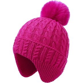 Toddler Baby Winter Hat with Earflap Kids Warm Twisted Knit Hat Infant Pom Pom Beanie Ski Cap for Baby Girls Boys