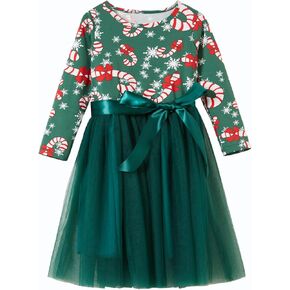 Little Girls Christmas Red Dress Toddler Long Sleeves Green Sparkle Stars Tulle Tutu Party Dresses Xmas Outfits