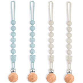 Silicone Pacifier Clip Holder with One Piece Design, Soft Flexible Binky Clips with Texture for Baby Boy and Girl,4 Packs(Blue & Grey & Pink & Brown)