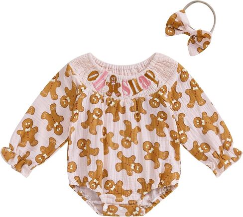 Infant Baby Girl Christmas Outfit Cotton Linen Smocked Bodysuit Long Sleeve Romper with Headband in Kuwait