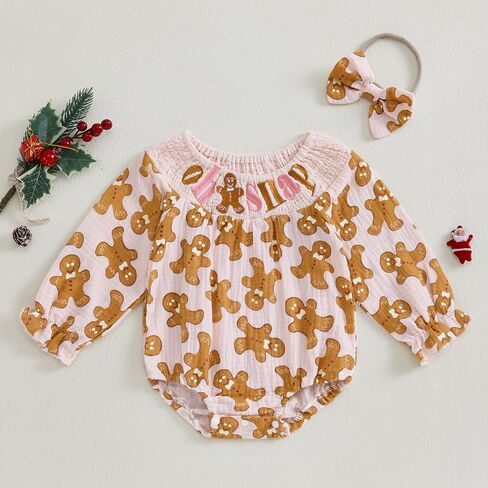 Infant Baby Girl Christmas Outfit Cotton Linen Smocked Bodysuit Long Sleeve Romper with Headband in Kuwait