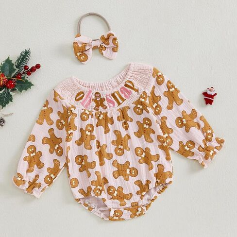 Infant Baby Girl Christmas Outfit Cotton Linen Smocked Bodysuit Long Sleeve Romper with Headband in Kuwait
