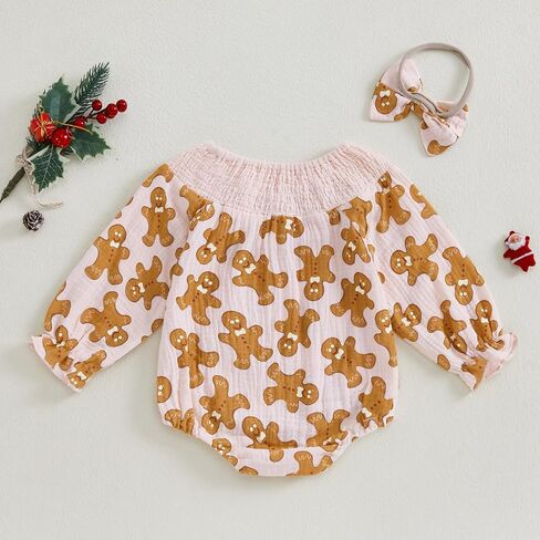 Infant Baby Girl Christmas Outfit Cotton Linen Smocked Bodysuit Long Sleeve Romper with Headband in Kuwait