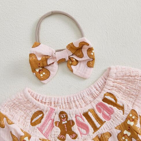 Infant Baby Girl Christmas Outfit Cotton Linen Smocked Bodysuit Long Sleeve Romper with Headband in Kuwait