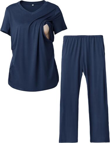 Rnxrbb V Neck Maternity Postpartum Pajamas Set Nursing Pajama Pjs for Women Breastfeeding with Pockets 2 Pieces in Saudi Arabia