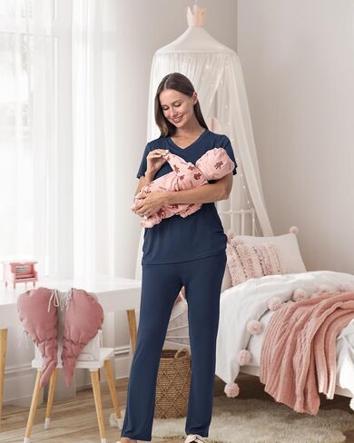 Rnxrbb V Neck Maternity Postpartum Pajamas Set Nursing Pajama Pjs for Women Breastfeeding with Pockets 2 Pieces in Saudi Arabia
