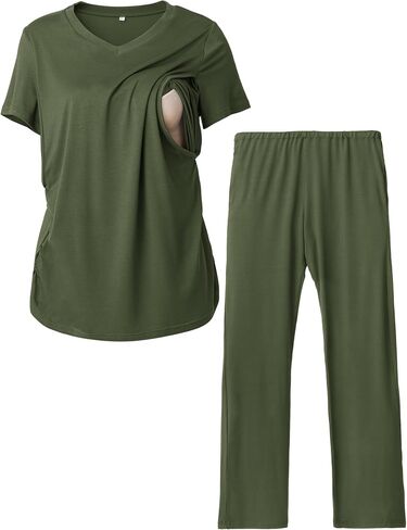 Rnxrbb V Neck Maternity Postpartum Pajamas Set Nursing Pajama Pjs for Women Breastfeeding with Pockets 2 Pieces in Saudi Arabia