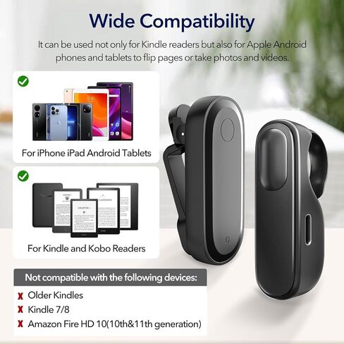 Page Turner for Kindle,Remote Control Page Turner for Kindle Paperwhite,for iPhone,iPad,Android Ebook Reading,Camera Video Record&Shutter Selfie with Storage Bag Black in Saudi Arabia