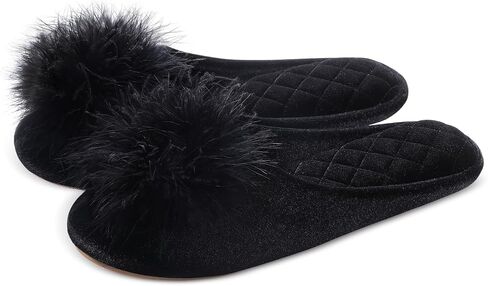 Evshine Fuzzy Feather Slippers for Women Fluffy Pom Pom Bedroom Slippers Memory Foam House Shoes in Saudi Arabia
