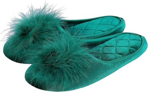 Evshine Fuzzy Feather Slippers for Women Fluffy Pom Pom Bedroom Slippers Memory Foam House Shoes in Saudi Arabia