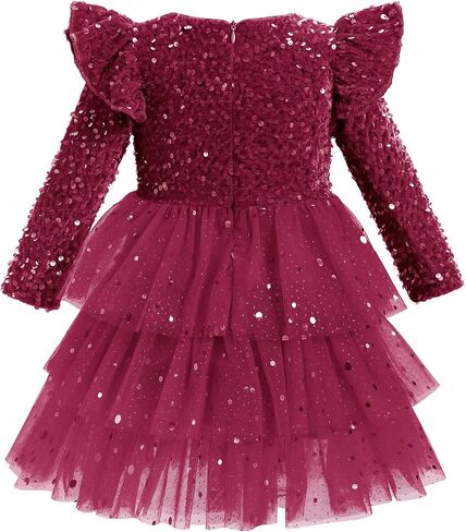 Fall Winter Kids Girls Velvet Dress Long Sleeve Sparkle Glitter Tulle Tiered Dress Birthday Cake Dress in Kuwait