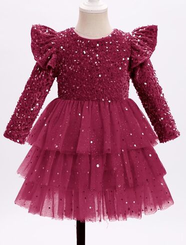 Fall Winter Kids Girls Velvet Dress Long Sleeve Sparkle Glitter Tulle Tiered Dress Birthday Cake Dress in Kuwait