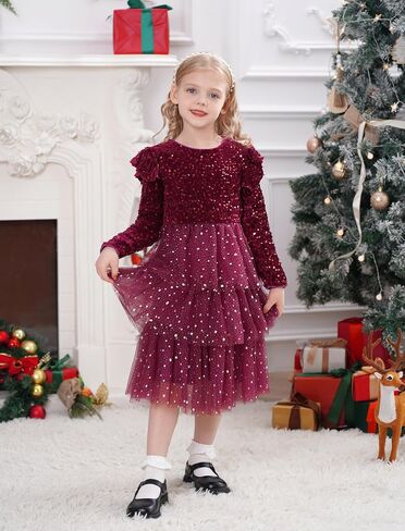IMEKIS Toddler Girls Sequin Christmas Dress Sparkle Ruffle Tutu Long Sleeve Formal Birthday Xmas Holiday Outfit in Kuwait
