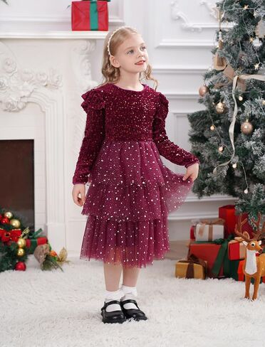 IMEKIS Toddler Girls Sequin Christmas Dress Sparkle Ruffle Tutu Long Sleeve Formal Birthday Xmas Holiday Outfit in Kuwait