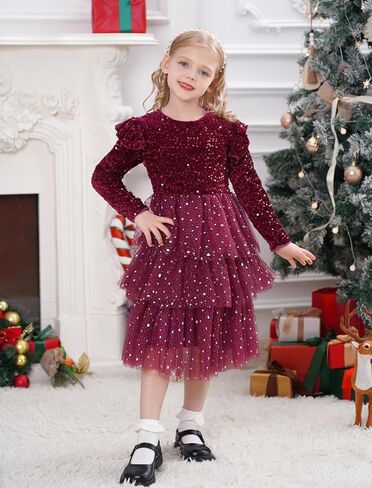IMEKIS Toddler Girls Sequin Christmas Dress Sparkle Ruffle Tutu Long Sleeve Formal Birthday Xmas Holiday Outfit in Kuwait
