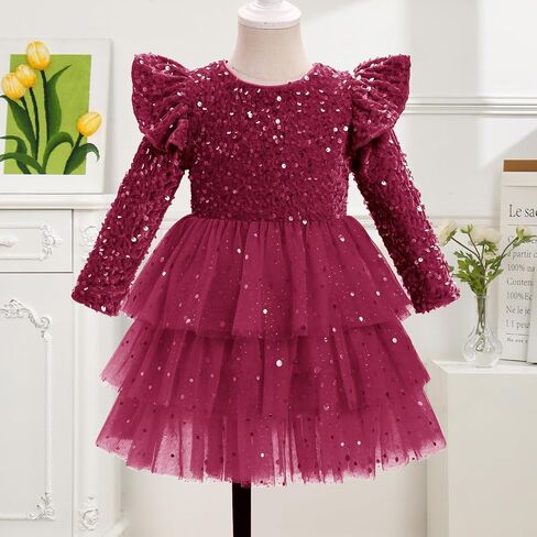 IMEKIS Toddler Girls Sequin Christmas Dress Sparkle Ruffle Tutu Long Sleeve Formal Birthday Xmas Holiday Outfit in Kuwait